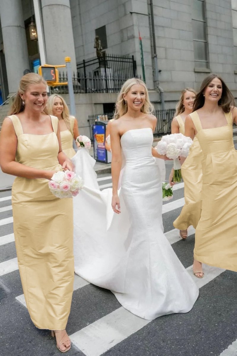 Blush Satin Sheath Bridesmaid Dress with Square Neck Neckline
