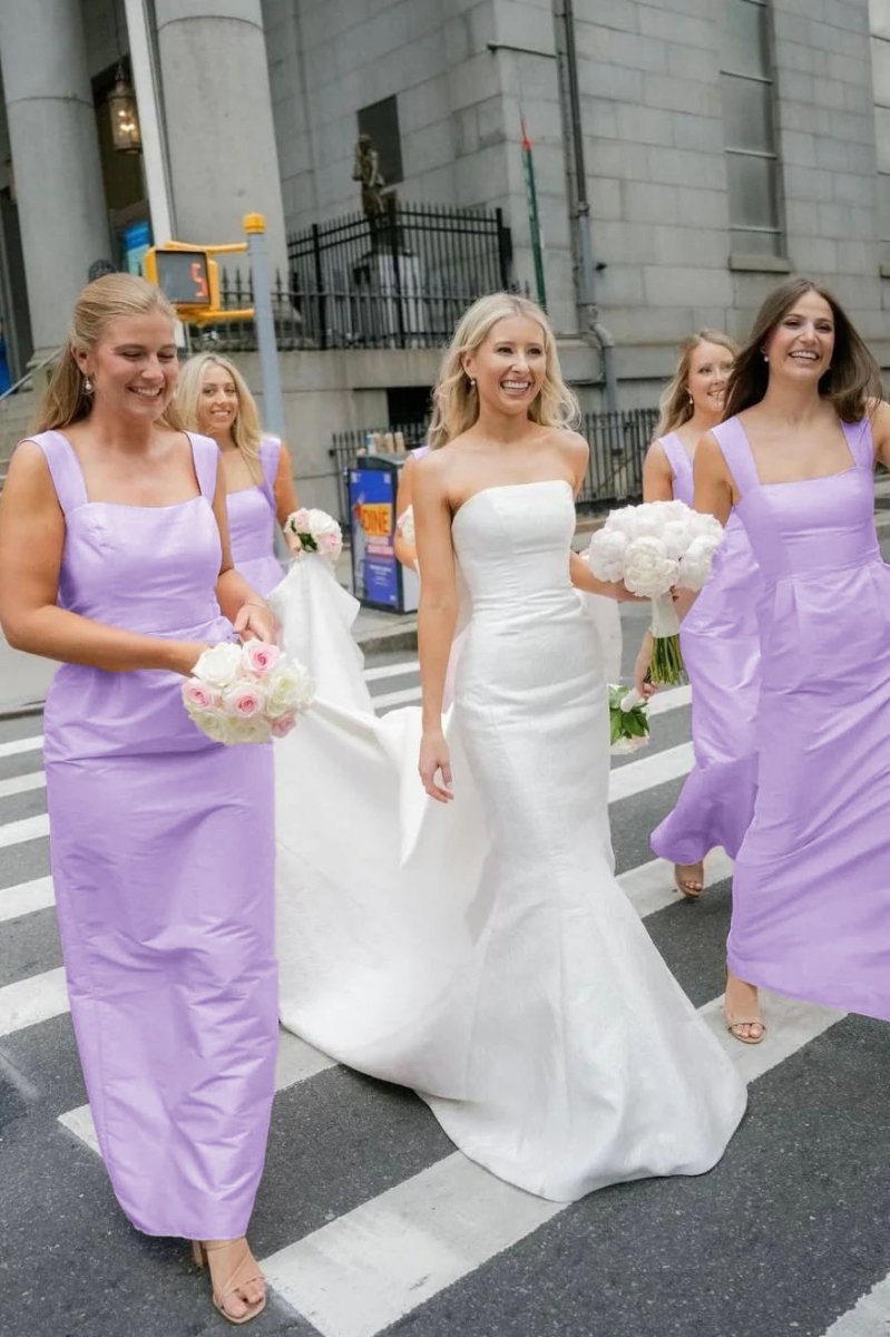 Blush Satin Sheath Bridesmaid Dress with Square Neck Neckline