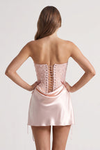 Pink Sweetheart Sheath Corset Ruched Satin Homecoming Dress with Beading