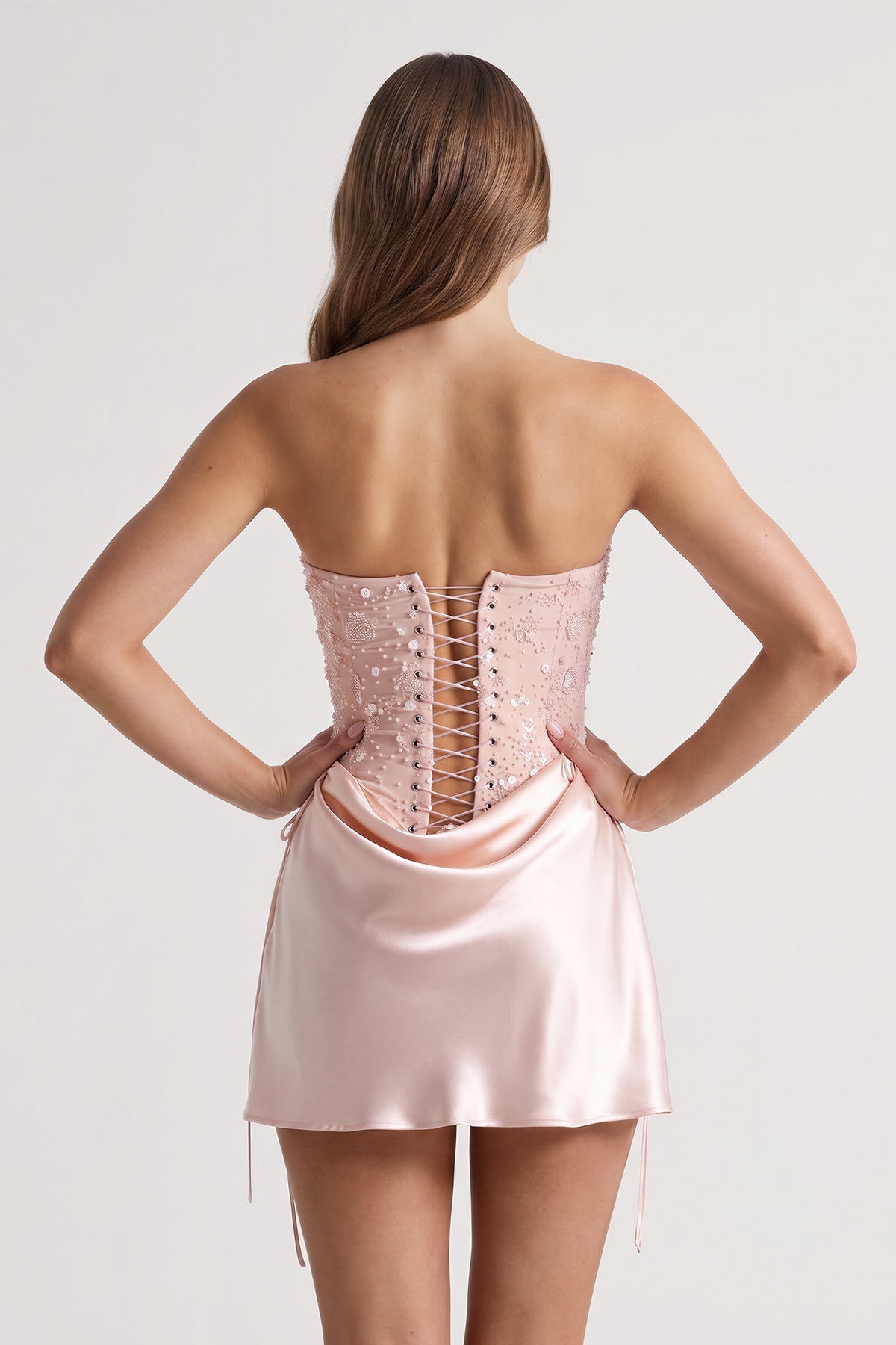 Pink Sweetheart Sheath Corset Ruched Satin Homecoming Dress with Beading