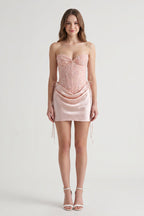 Pink Sweetheart Sheath Corset Ruched Satin Homecoming Dress with Beading