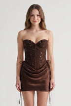 Pink Sweetheart Sheath Corset Ruched Satin Homecoming Dress with Beading