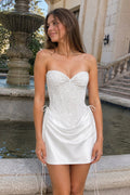 Pink Sweetheart Sheath Corset Ruched Satin Homecoming Dress with Beading