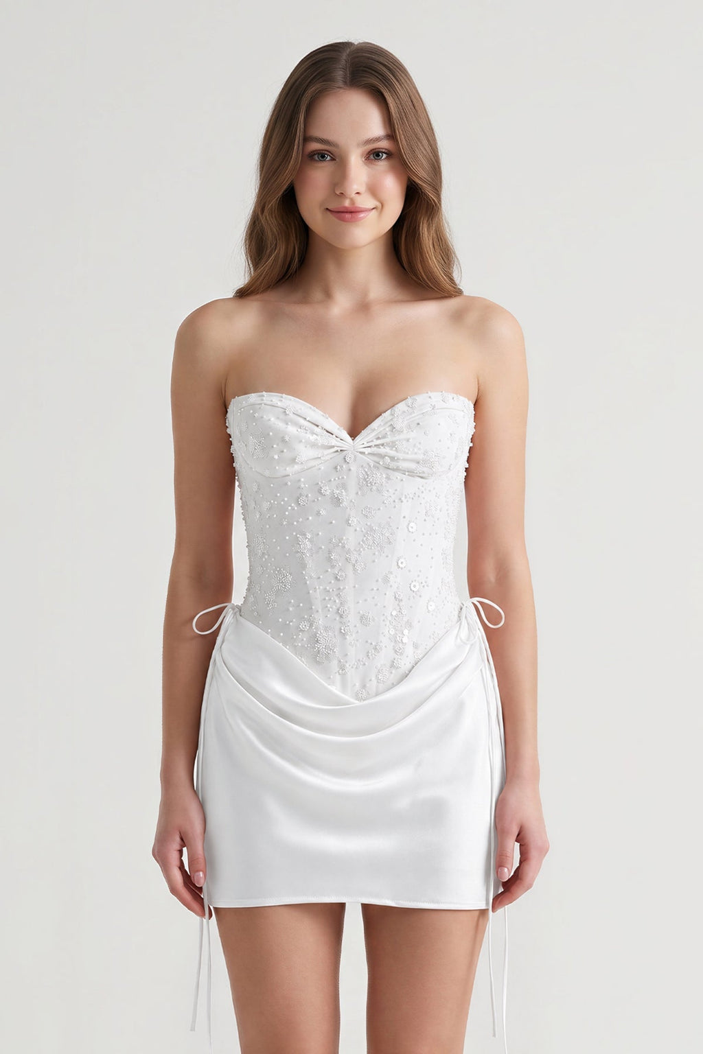 Pink Sweetheart Sheath Corset Ruched Satin Homecoming Dress with Beading