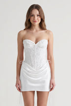 Pink Sweetheart Sheath Corset Ruched Satin Homecoming Dress with Beading