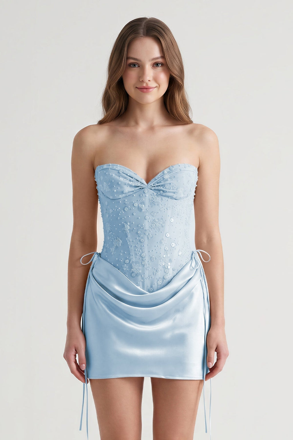 Pink Sweetheart Sheath Corset Ruched Satin Homecoming Dress with Beading