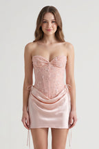 Pink Sweetheart Sheath Corset Ruched Satin Homecoming Dress with Beading