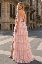 Sweetheart Light Blue Lace Appliques Ruffle Long Formal Gown