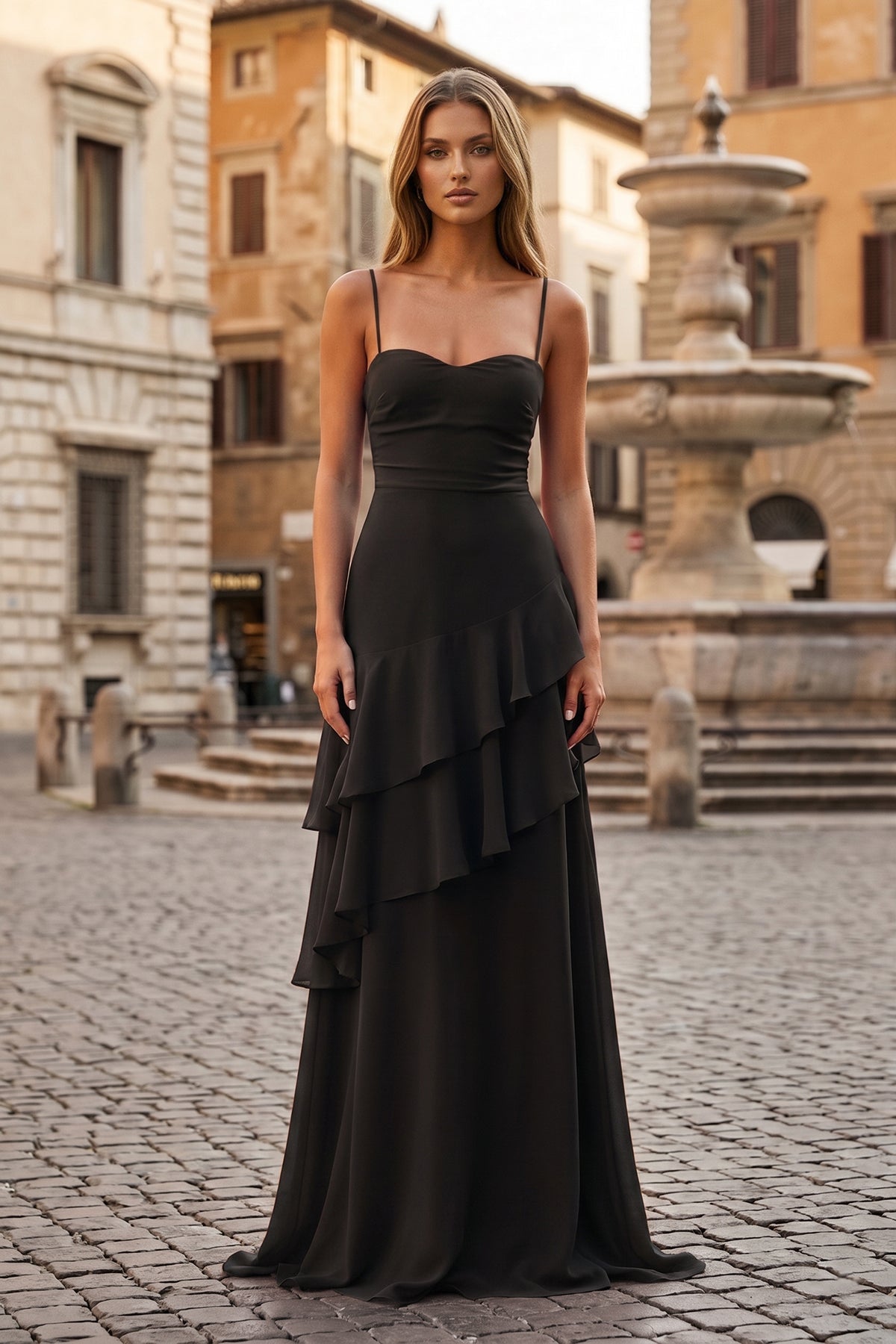 Red Sheath Spaghetti Straps Chiffon Long Formal Prom Gown with Ruffles