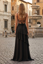 Red Sheath Spaghetti Straps Chiffon Long Formal Prom Gown with Ruffles