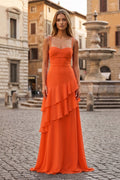 Red Sheath Spaghetti Straps Chiffon Long Formal Prom Gown with Ruffles