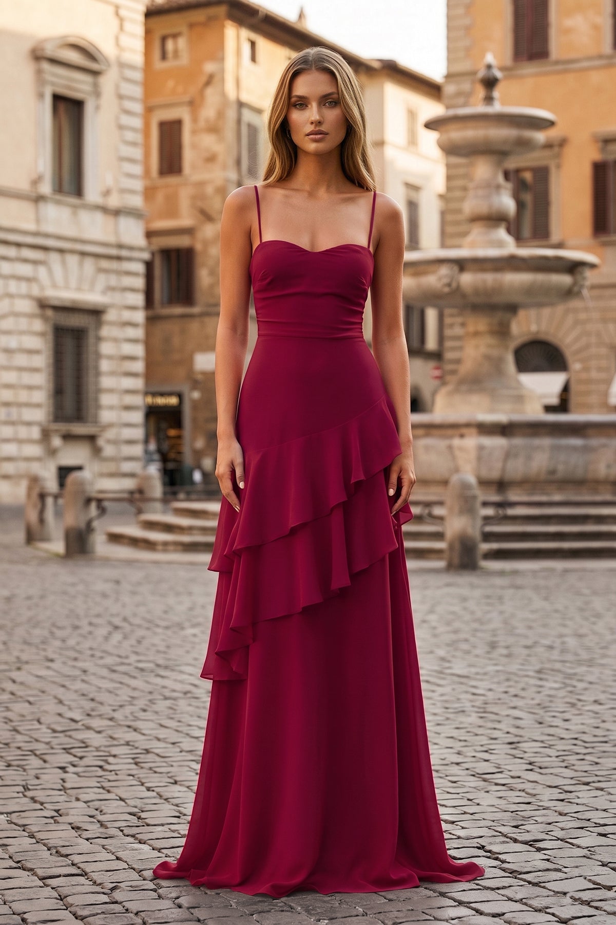Red Sheath Spaghetti Straps Chiffon Long Formal Prom Gown with Ruffles