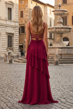 Red Sheath Spaghetti Straps Chiffon Long Formal Prom Gown with Ruffles