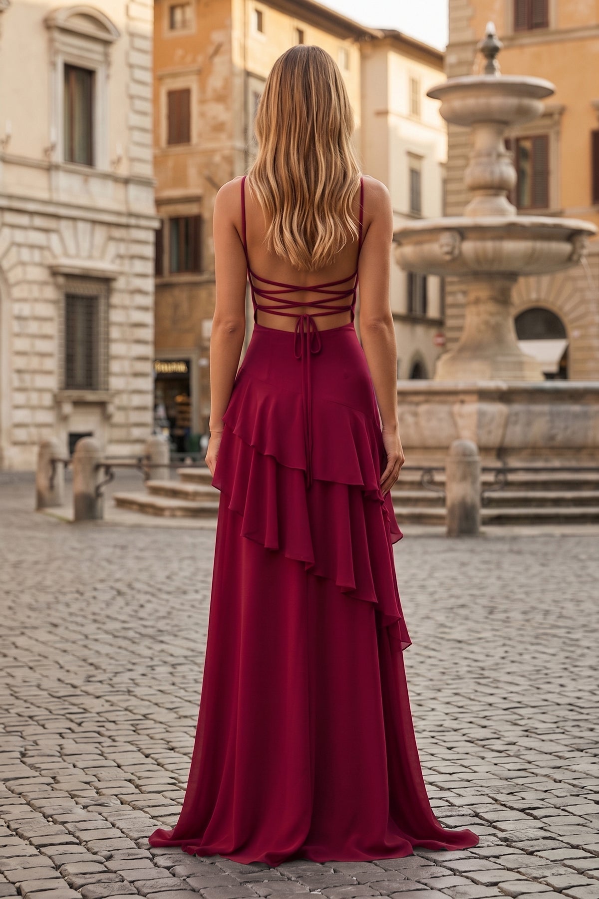 Red Sheath Spaghetti Straps Chiffon Long Formal Prom Gown with Ruffles
