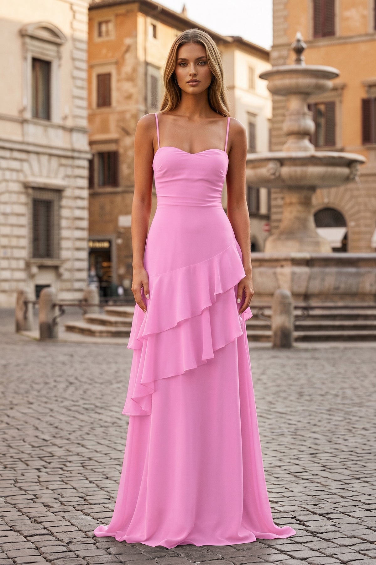 Red Sheath Spaghetti Straps Chiffon Long Formal Prom Gown with Ruffles