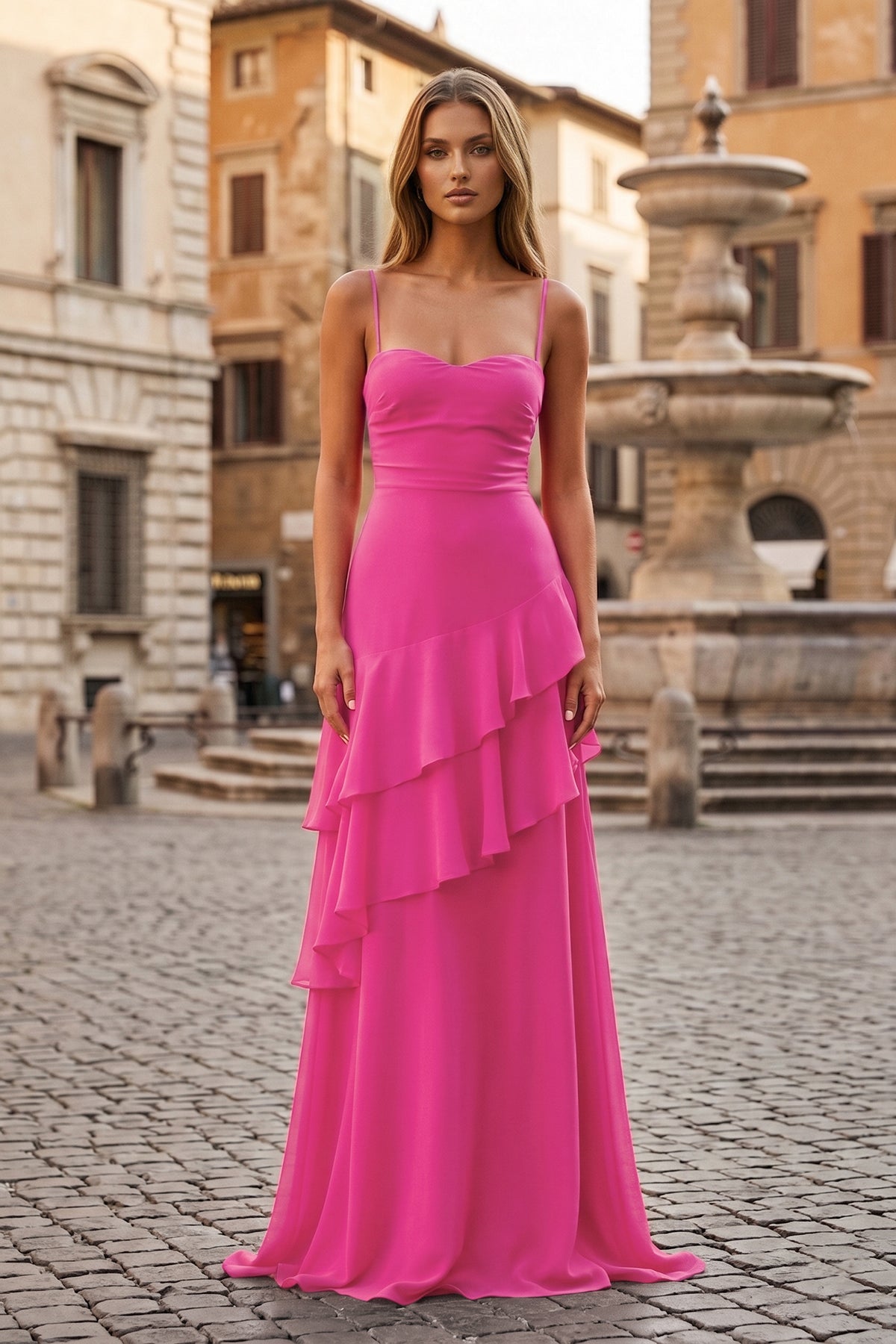 Red Sheath Spaghetti Straps Chiffon Long Formal Prom Gown with Ruffles