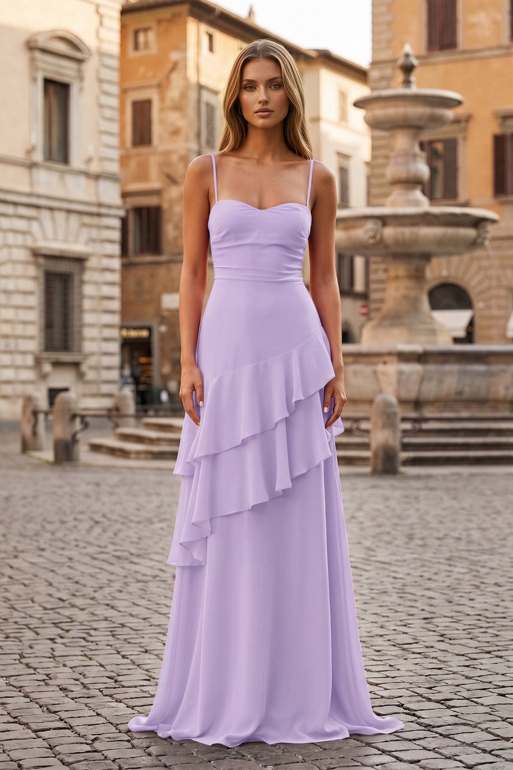Red Sheath Spaghetti Straps Chiffon Long Formal Prom Gown with Ruffles