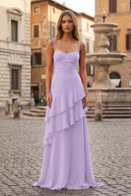 Red Sheath Spaghetti Straps Chiffon Long Formal Prom Gown with Ruffles