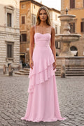 Red Sheath Spaghetti Straps Chiffon Long Formal Prom Gown with Ruffles