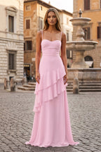 Red Sheath Spaghetti Straps Chiffon Long Formal Prom Gown with Ruffles
