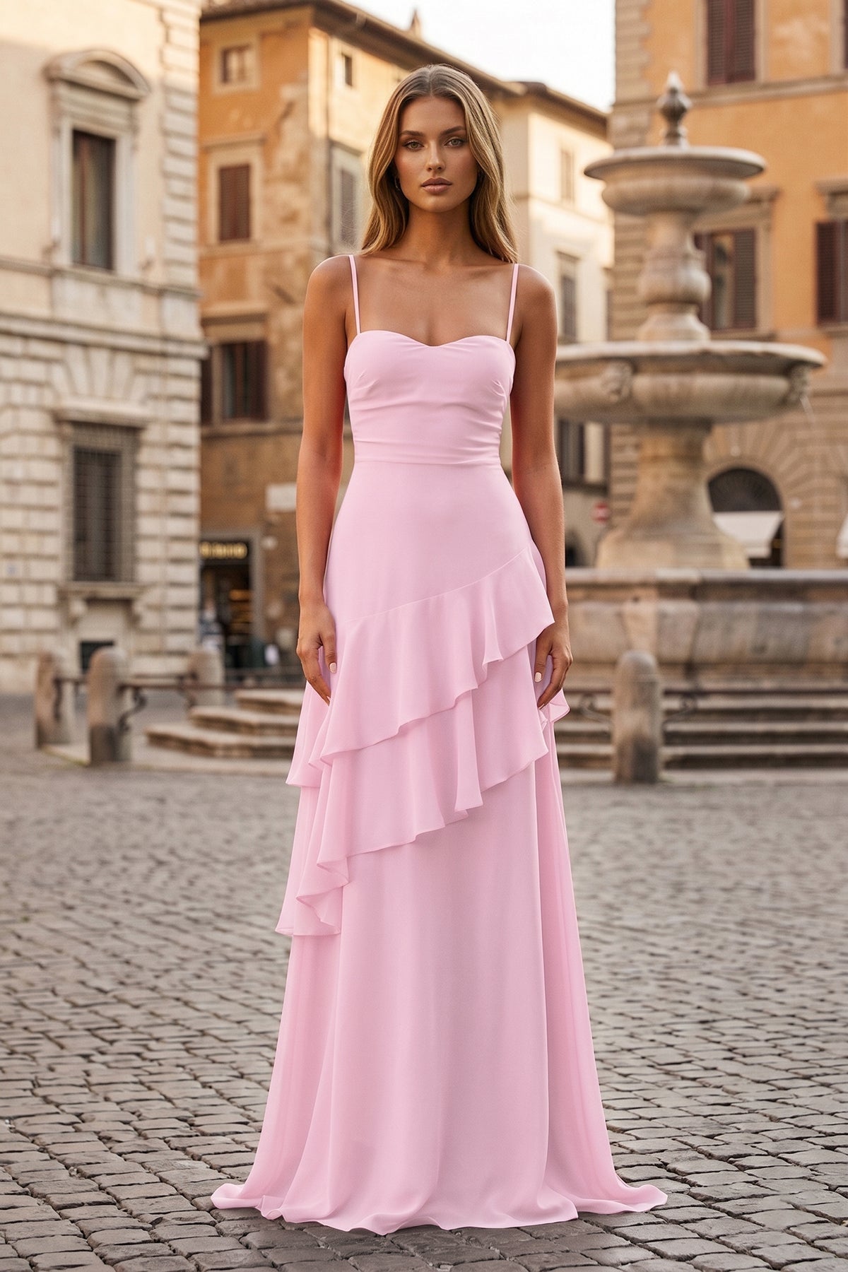 Red Sheath Spaghetti Straps Chiffon Long Formal Prom Gown with Ruffles
