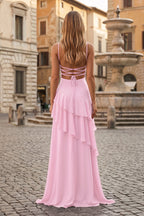 Red Sheath Spaghetti Straps Chiffon Long Formal Prom Gown with Ruffles