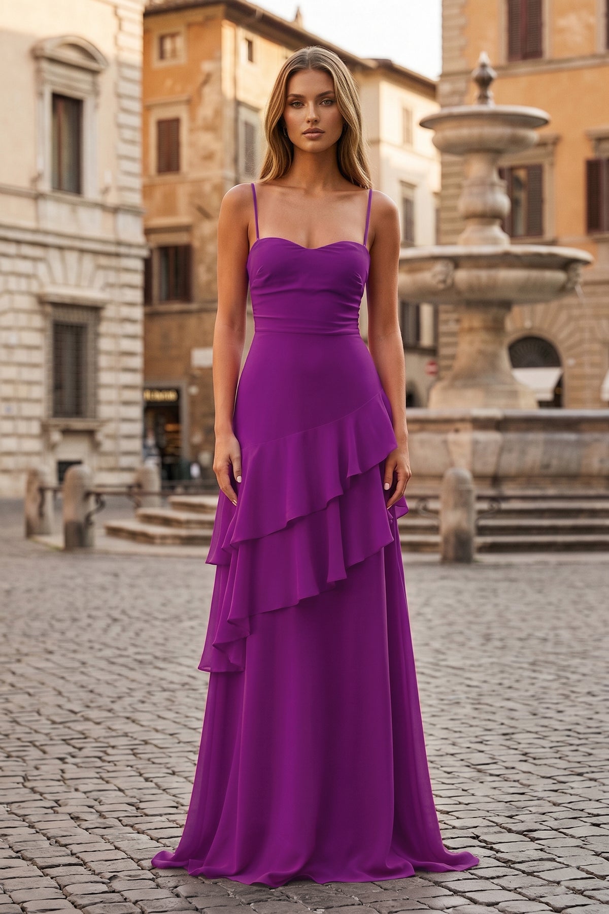 Red Sheath Spaghetti Straps Chiffon Long Formal Prom Gown with Ruffles