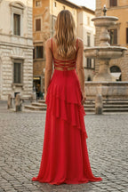 Red Sheath Spaghetti Straps Chiffon Long Formal Prom Gown with Ruffles
