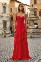 Red Sheath Spaghetti Straps Chiffon Long Formal Prom Gown with Ruffles