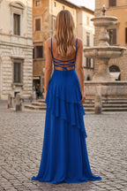 Red Sheath Spaghetti Straps Chiffon Long Formal Prom Gown with Ruffles
