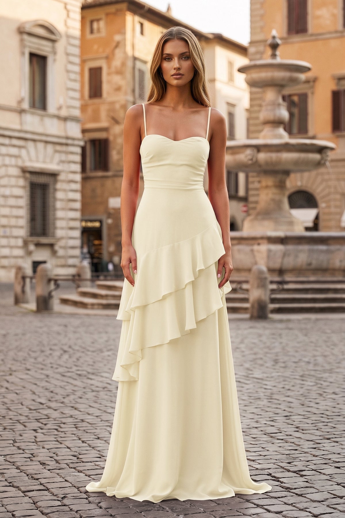 Red Sheath Spaghetti Straps Chiffon Long Formal Prom Gown with Ruffles