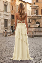 Red Sheath Spaghetti Straps Chiffon Long Formal Prom Gown with Ruffles
