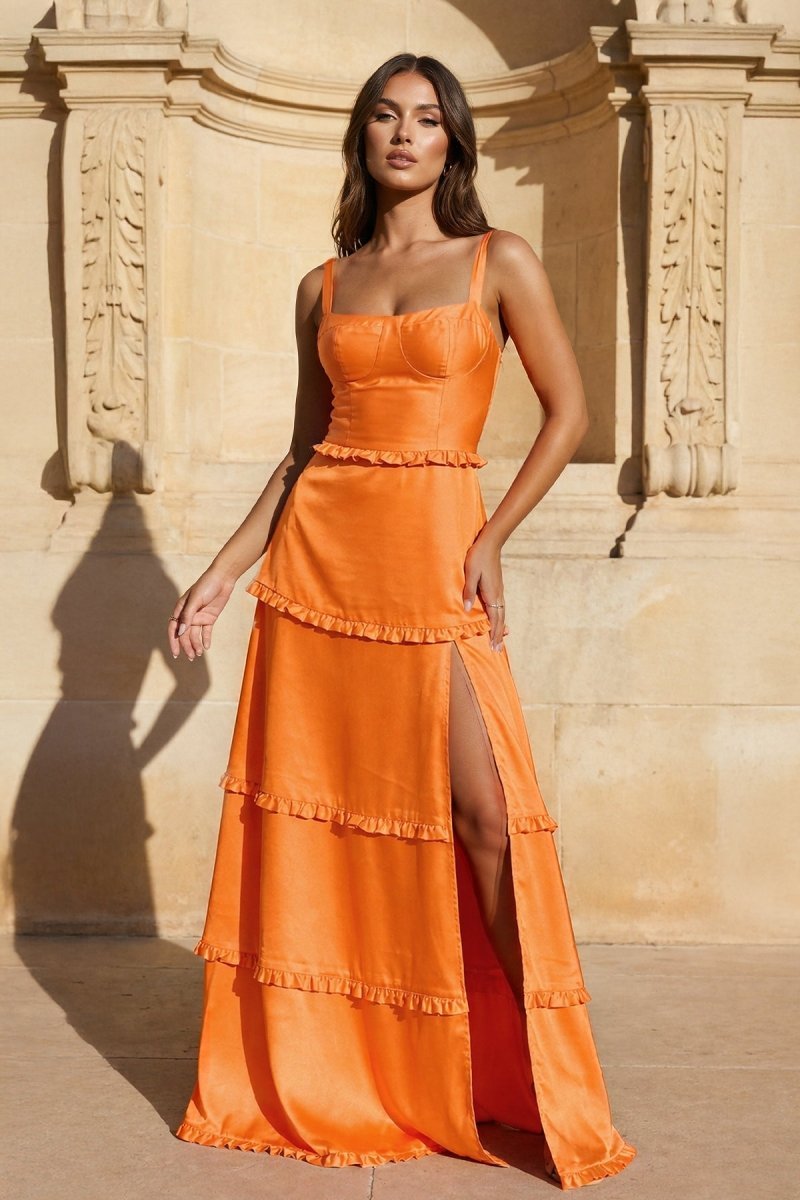 Briony Orange front view prom dress