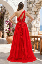 A Line One Shoulder Black Long Formal Prom Gown with Appliques