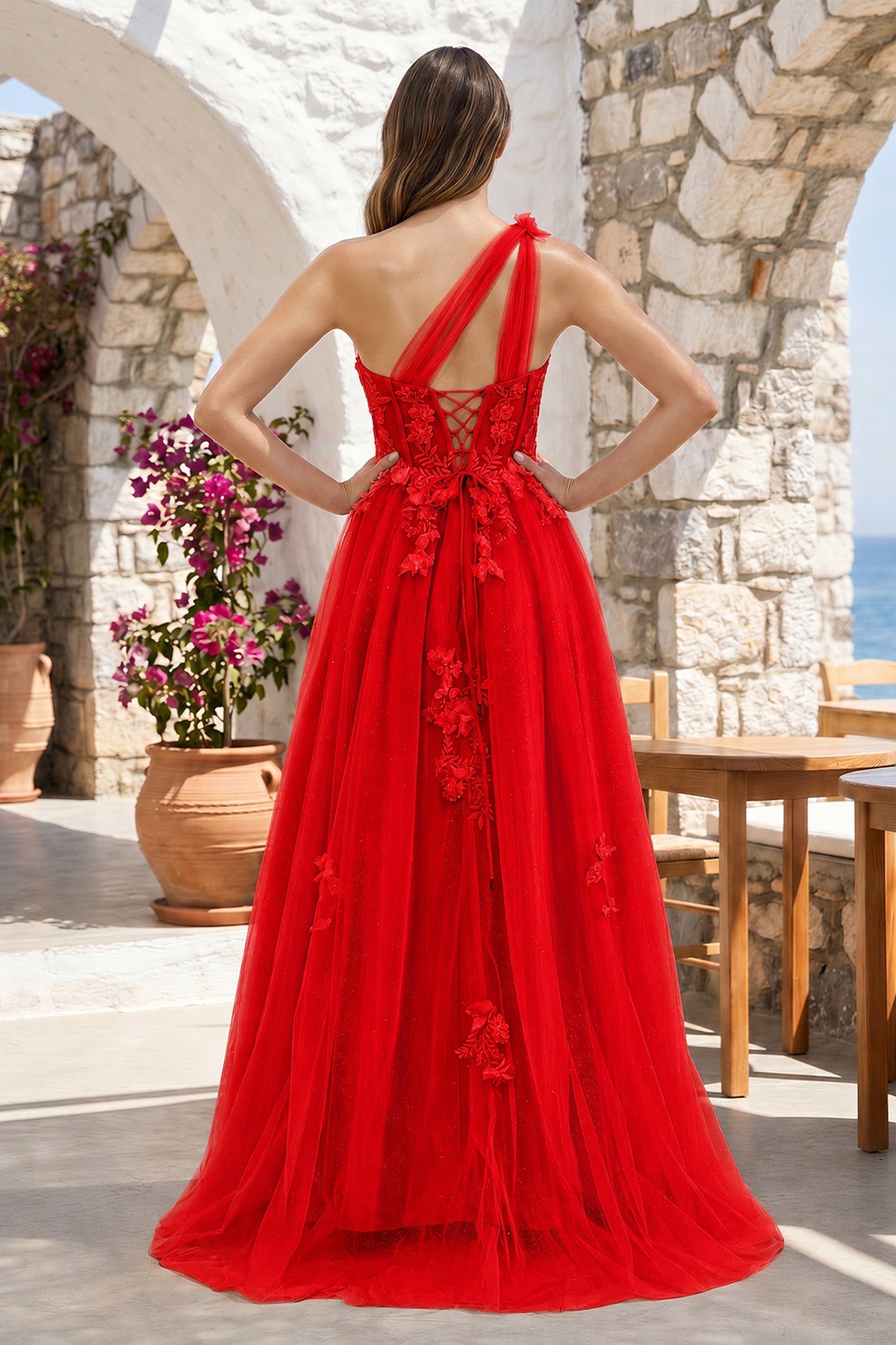 A Line One Shoulder Black Long Formal Prom Gown with Appliques