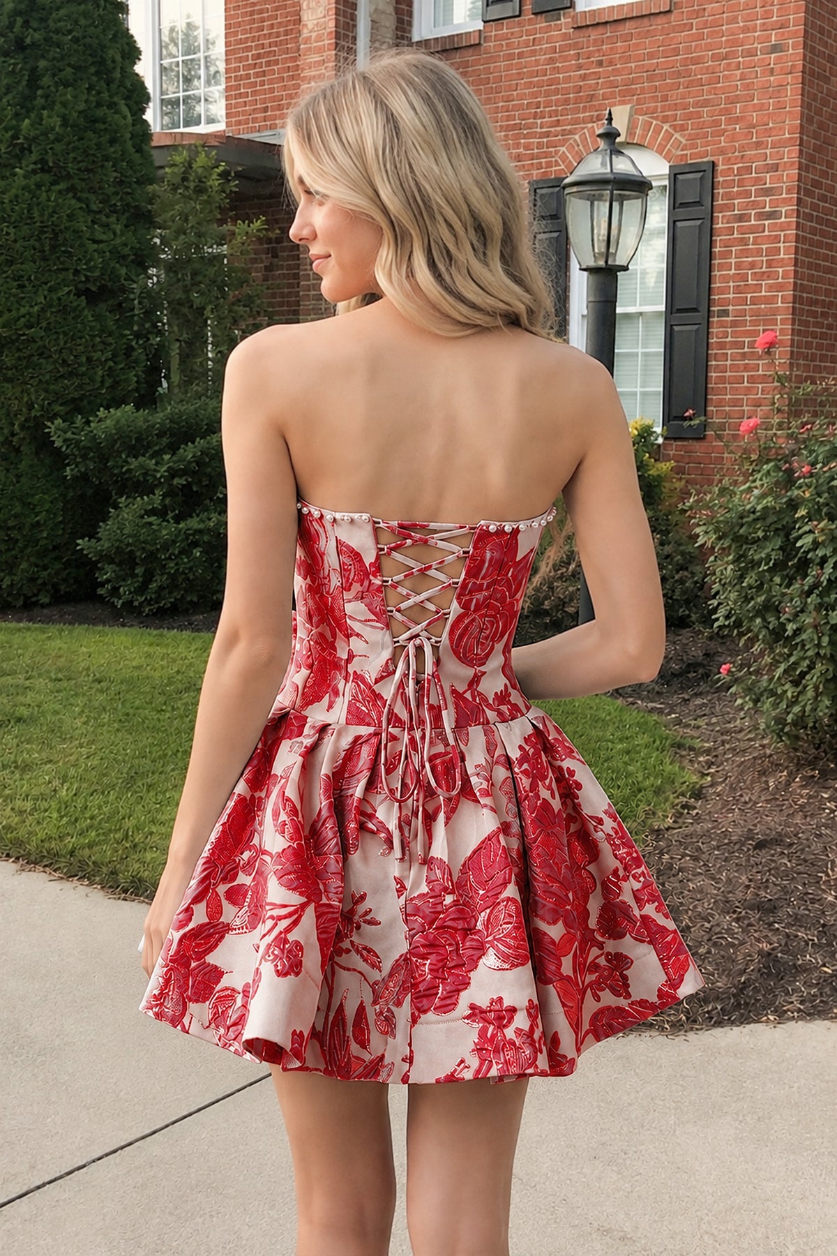Blue Flower Jacquard Strapless A-Line Bowknot Homecoming Dress With Pearl