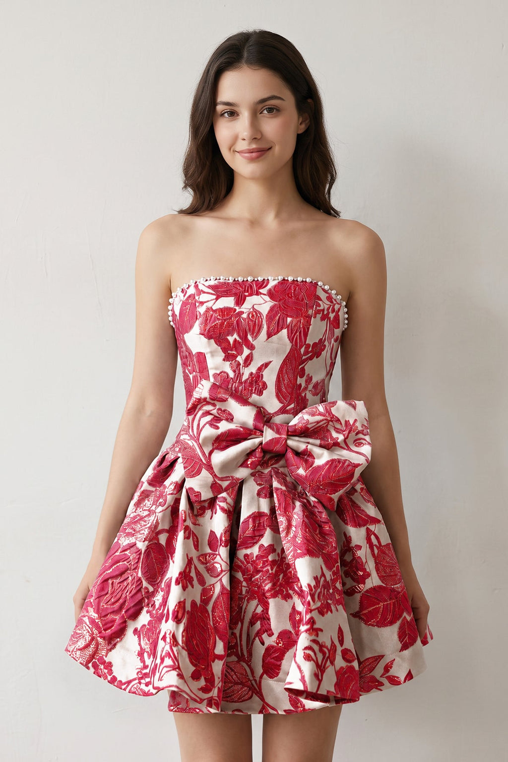 Blue Flower Jacquard Strapless A-Line Bowknot Homecoming Dress With Pearl