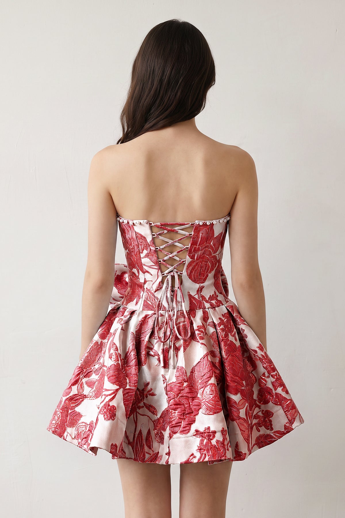 Blue Flower Jacquard Strapless A-Line Bowknot Homecoming Dress With Pearl