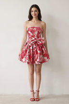 Blue Flower Jacquard Strapless A-Line Bowknot Homecoming Dress With Pearl