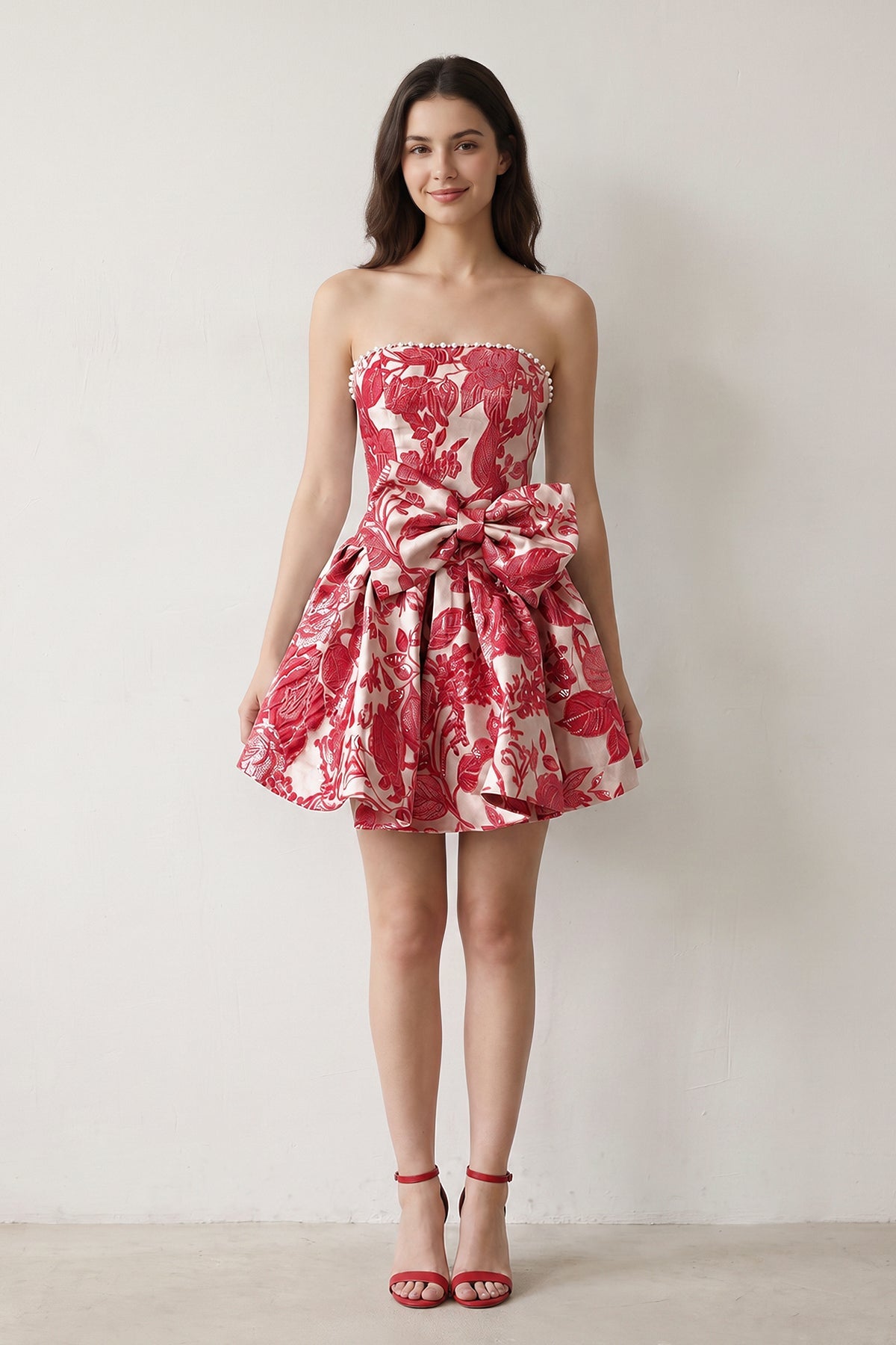 Blue Flower Jacquard Strapless A-Line Bowknot Homecoming Dress With Pearl