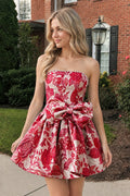 Blue Flower Jacquard Strapless A-Line Bowknot Homecoming Dress With Pearl