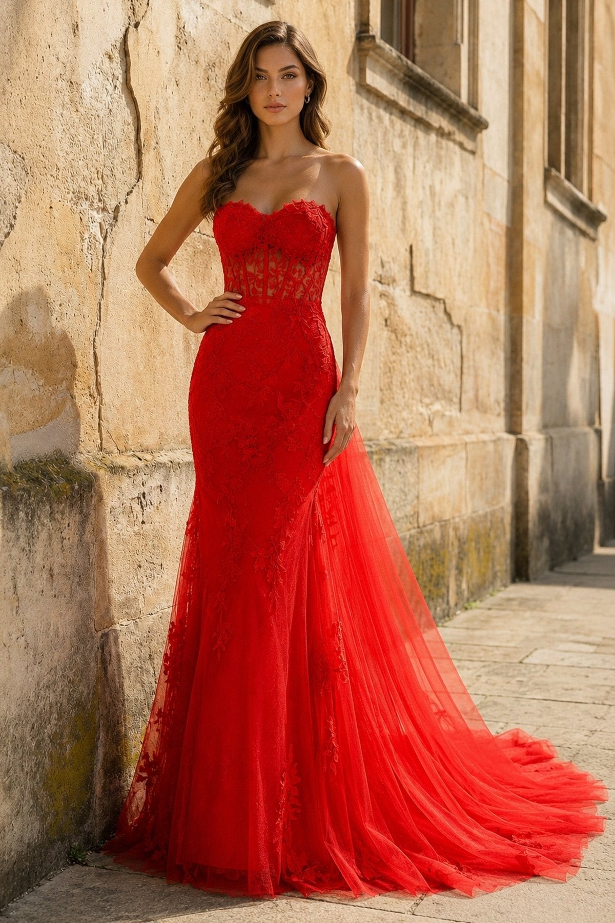 Quinn Red front view prom dress