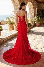 Lavender Lace Mermaid Evening Dress with Strapless Neckline and Slit