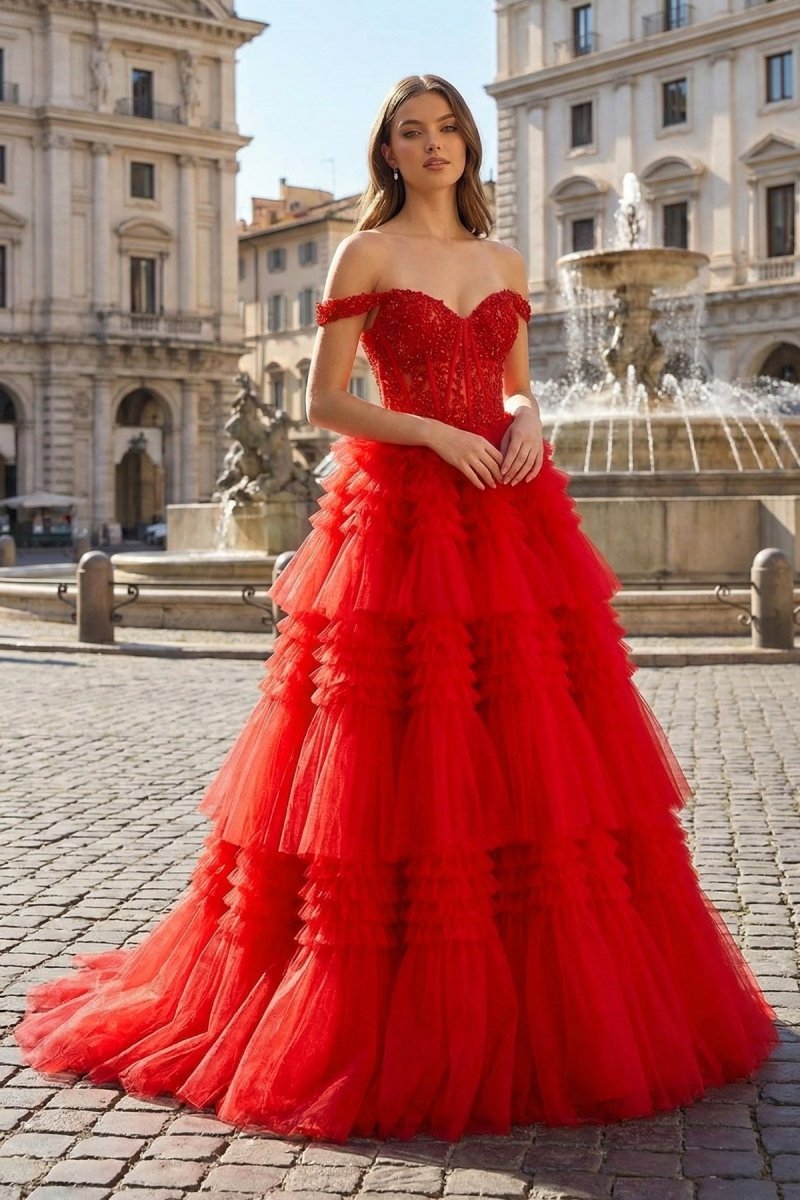 Aurelia Wren Red front view prom dress
