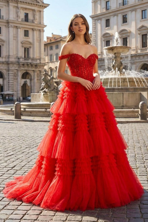 Aurelia Wren Red front view prom dress