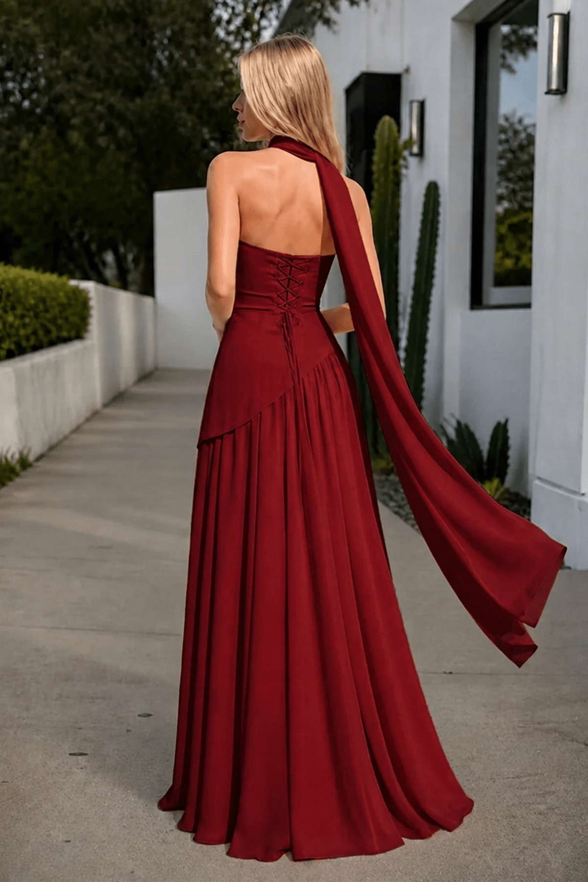 Florienne burgundy back view prom dress