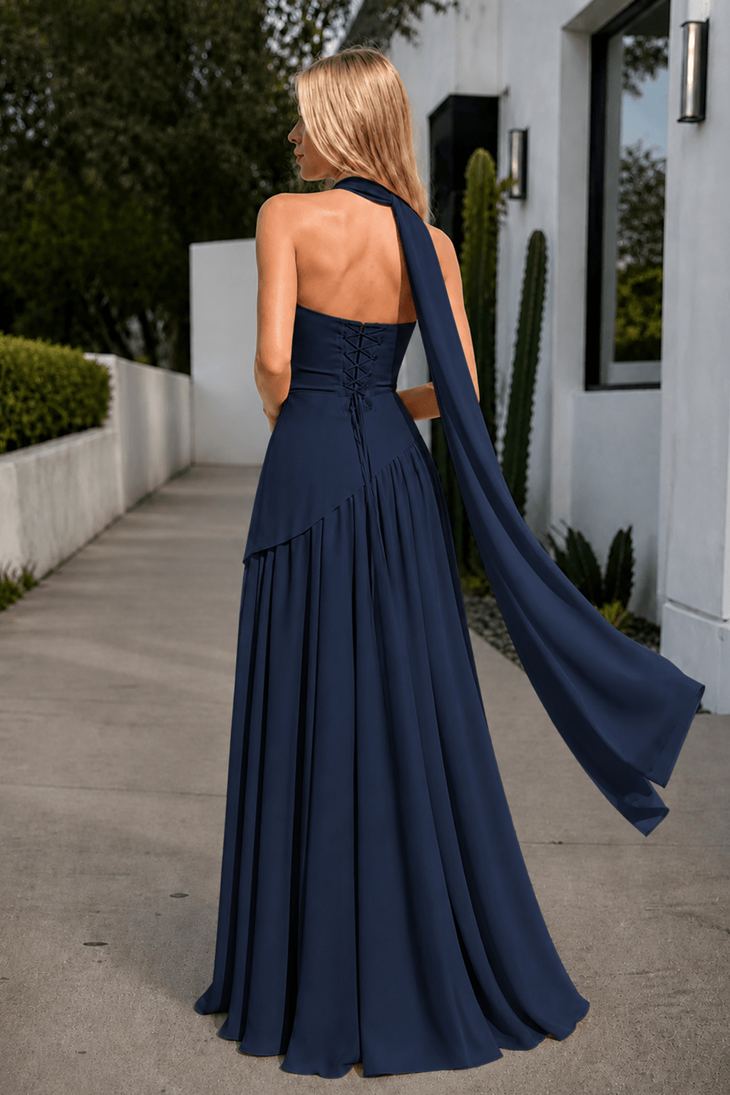 Florienne navy blue back view prom dress