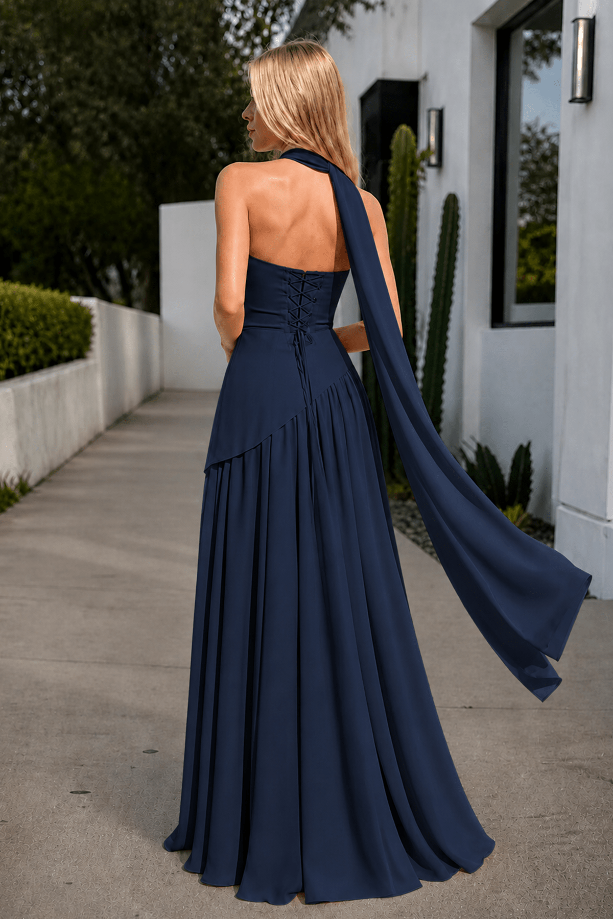 Florienne navy blue back view prom dress