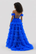 Royal Blue Off the Shoulder Ruffle Tiered Tulle Long Formal Prom Gown with Slit