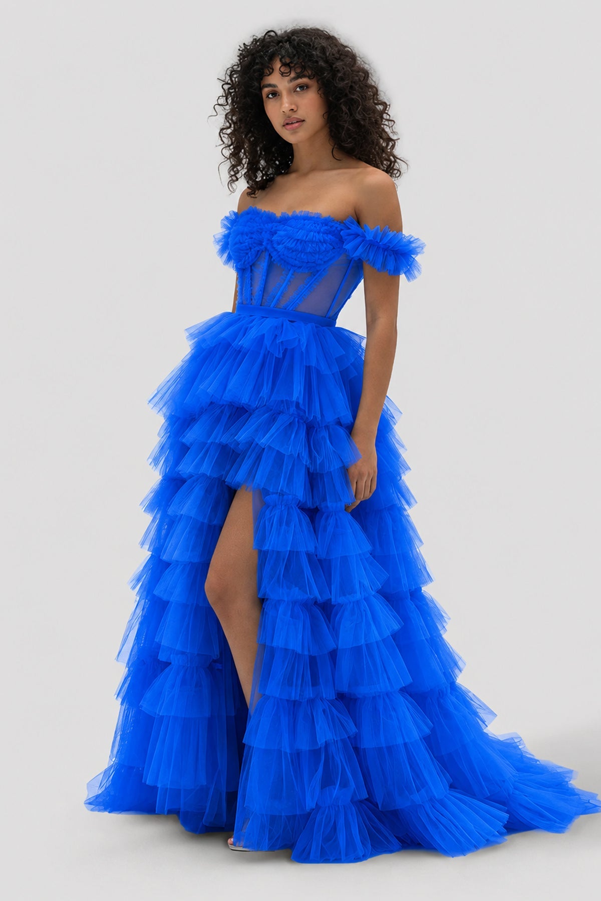 Royal Blue Off the Shoulder Ruffle Tiered Tulle Long Formal Prom Gown with Slit